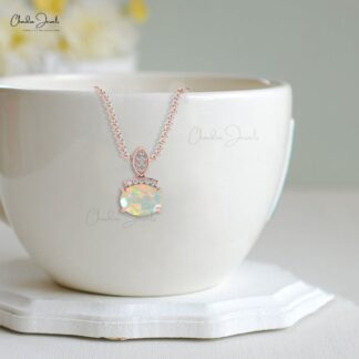 Oval Cut Opal & Round Diamond Dainty Pendant for Anniversary Gift