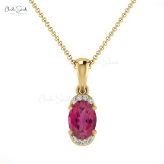 Dangle Gemstone Pendant With 0.85 Ct Pink Tourmaline And Diamond Halfway 14k Gold Necklace
