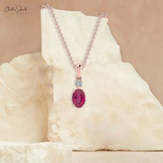Double Stone Dangle Pendant in 14k Solid Gold Pink Tourmaline And Diamond Minimalist Pendant
