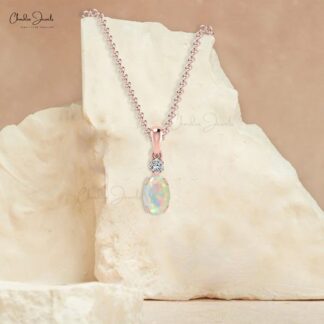 Double Birthstone Pendant in 0.47 Ct Opal Gemstone Diamond 14k Solid Gold Charm