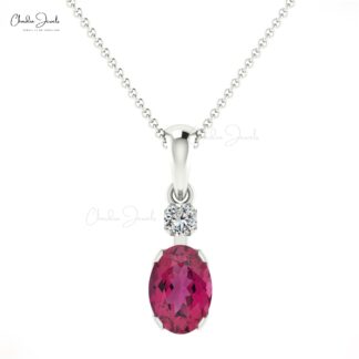 Double Stone Dangle Pendant in 14k Solid Gold Pink Tourmaline And Diamond Minimalist Pendant