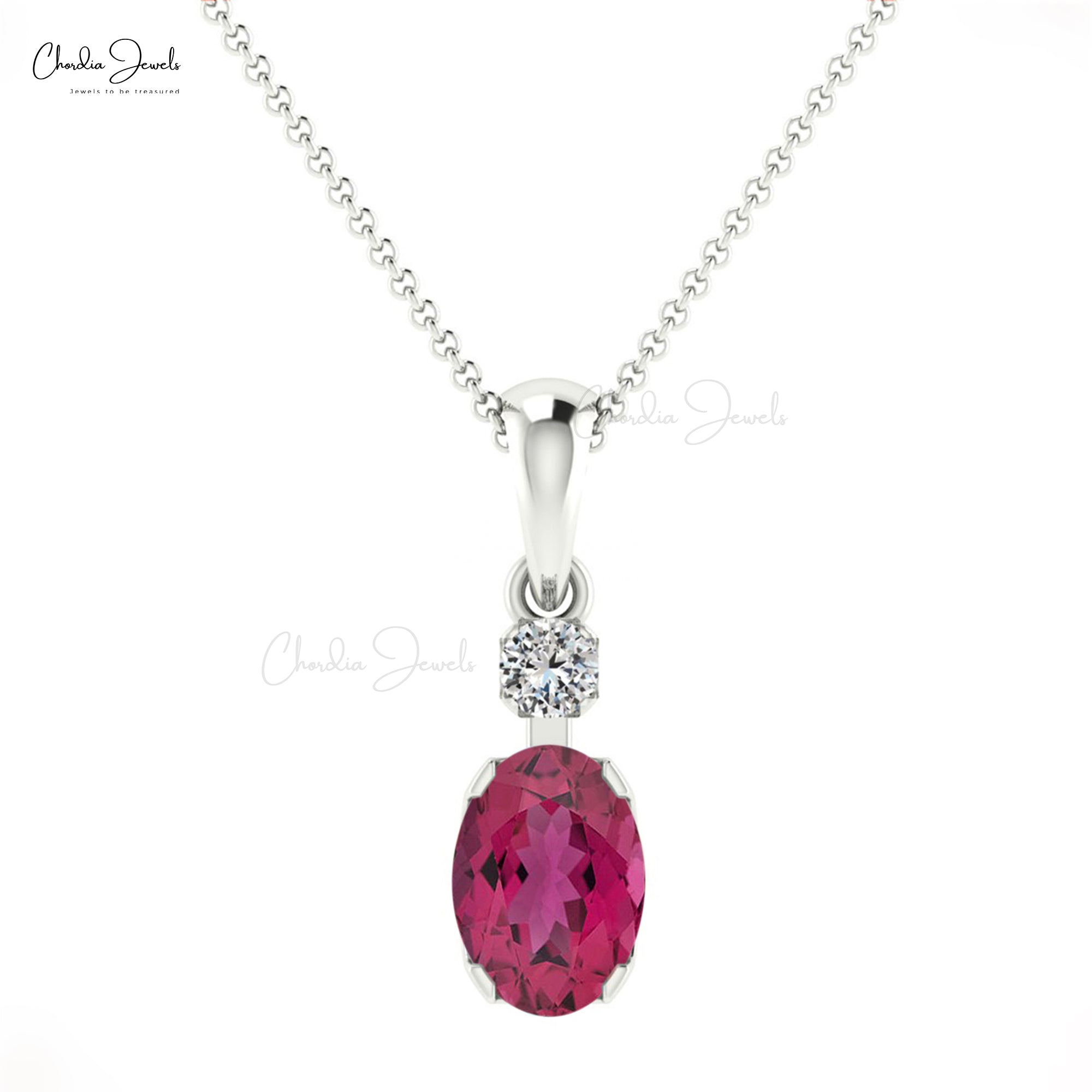 Double Stone Dangle Pendant in 14k Solid Gold Pink Tourmaline And Diamond Minimalist Pendant