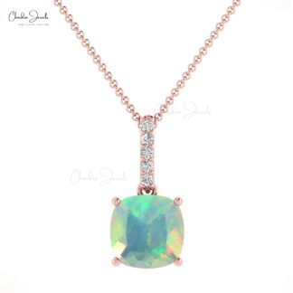 Dainty Diamond Pendant With 6mm Fire Opal 14k Real Gold Dangling Pendant For Her