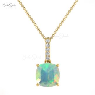Dainty Diamond Pendant With 6mm Fire Opal 14k Real Gold Dangling Pendant For Her