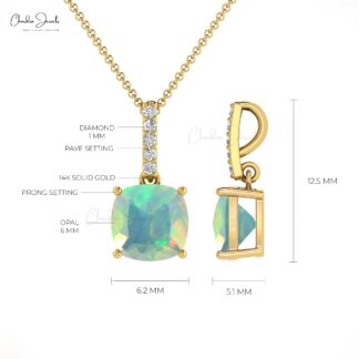 Dainty Diamond Pendant With 6mm Fire Opal 14k Real Gold Dangling Pendant For Her