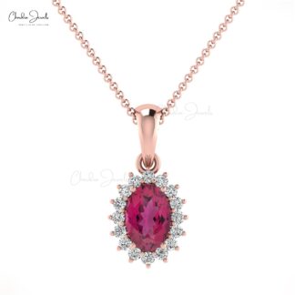 Solid 14k Gold Halo Pendant With 6x4mm Pink Tourmaline Gemstone Hallmark Pendant