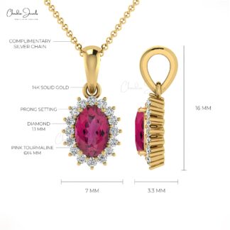 Solid 14k Gold Halo Pendant With 6x4mm Pink Tourmaline Gemstone Hallmark Pendant