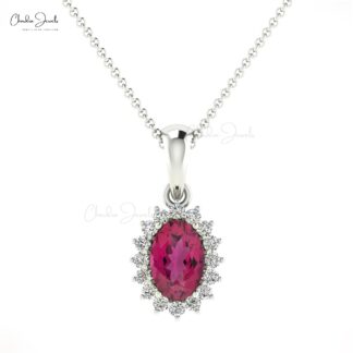 Solid 14k Gold Halo Pendant With 6x4mm Pink Tourmaline Gemstone Hallmark Pendant