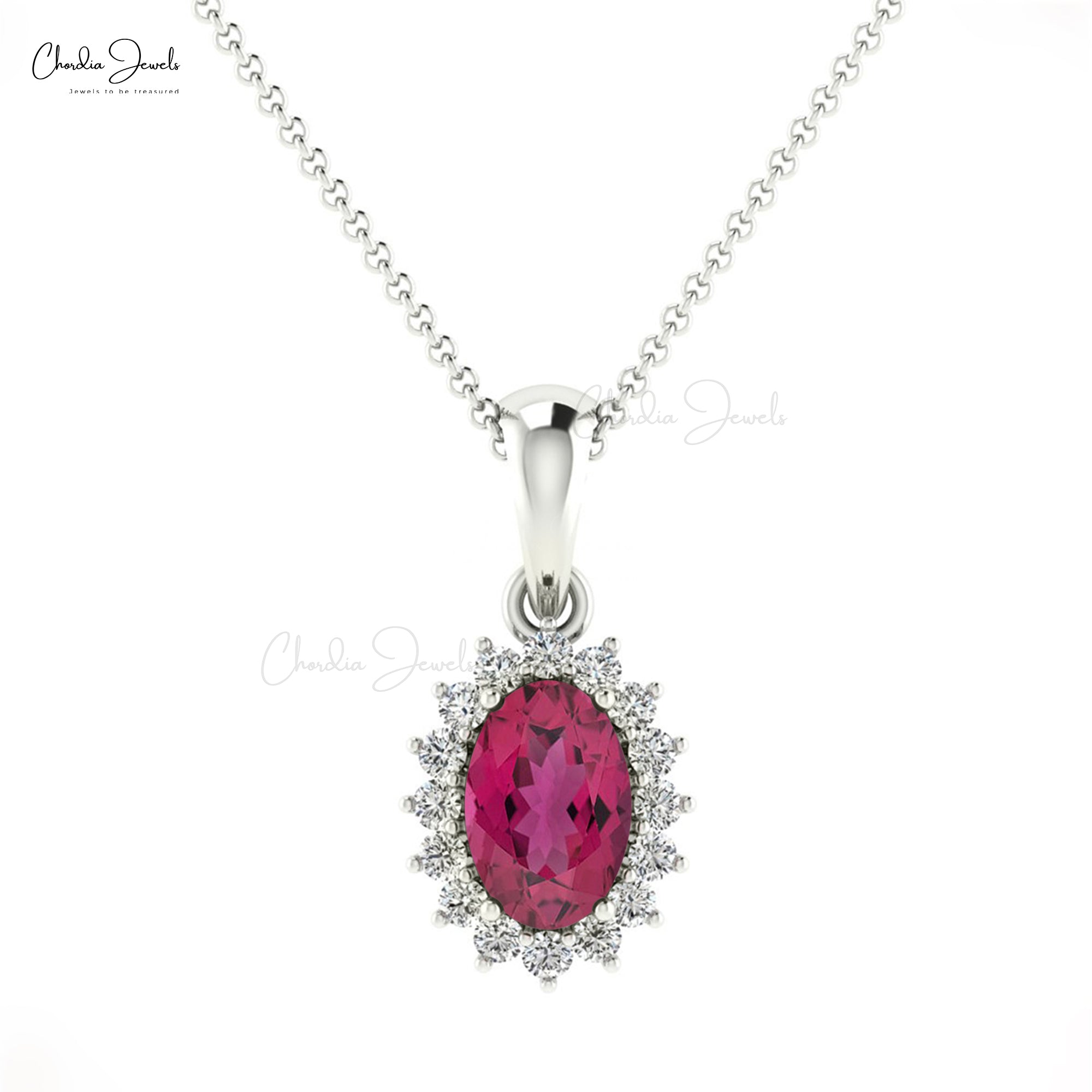 Solid 14k Gold Halo Pendant With 6x4mm Pink Tourmaline Gemstone Hallmark Pendant
