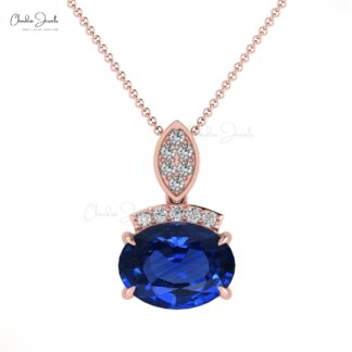 Diamond Bar Unique Pendant With 1.35 Ct Blue Sapphire Minimalist Pendant In 14k Real Gold