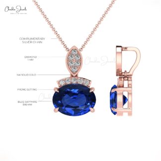 Diamond Bar Unique Pendant With 1.35 Ct Blue Sapphire Minimalist Pendant In 14k Real Gold