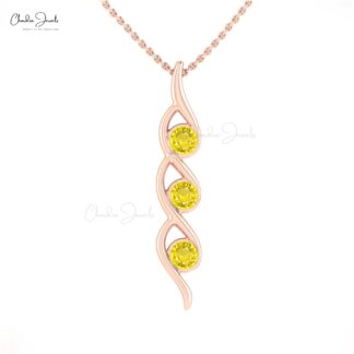 Brilliant Cut Twisted Pendant In 14k Real Gold Yellow Sapphire 3 Stone Handmade Necklace