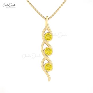 Brilliant Cut Twisted Pendant In 14k Real Gold Yellow Sapphire 3 Stone Handmade Necklace