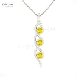Brilliant Cut Twisted Pendant In 14k Real Gold Yellow Sapphire 3 Stone Handmade Necklace