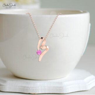 Delicate Twisted Pendant In 5mm Pink Sapphire Gemstone Curved Necklace In 14k Real Gold