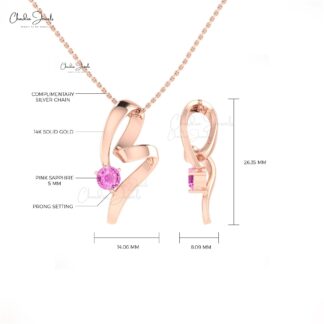 Delicate Twisted Pendant In 5mm Pink Sapphire Gemstone Curved Necklace In 14k Real Gold