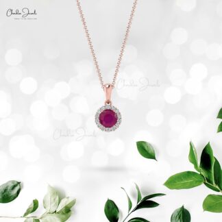 Brilliant Cut Halo Diamond Pendant With 4mm Burma Ruby 14k Solid Gold Women Necklace