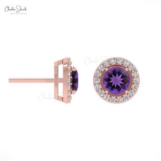 Solid 14k Gold Pave Set Diamond Halo Earrings For Engagement, 0.44 Ct February Birthstone Gemstone Anniversary Earrings, 4mm Round Brilliant Cut Light Weight Jewelry