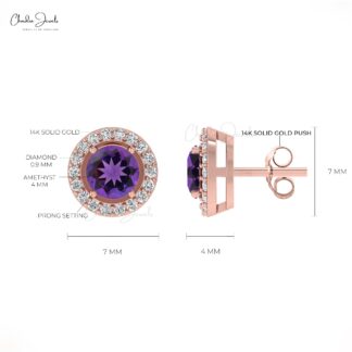 Solid 14k Gold Pave Set Diamond Halo Earrings For Engagement, 0.44 Ct February Birthstone Gemstone Anniversary Earrings, 4mm Round Brilliant Cut Light Weight Jewelry