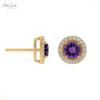 Solid 14k Gold Pave Set Diamond Halo Earrings For Engagement, 0.44 Ct February Birthstone Gemstone Anniversary Earrings, 4mm Round Brilliant Cut Light Weight Jewelry