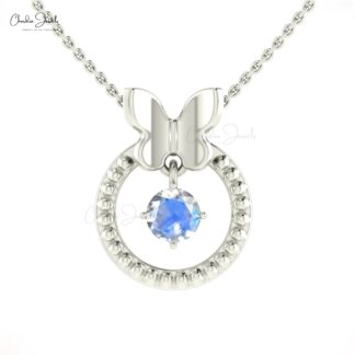 Dangling Single Stone Pendant In 14k Solid Gold Rainbow Moonstone Milgrain Necklace