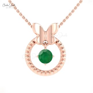 Dangling Stone Butterfly Pendant Genuine Emerald Gemstone 14k Solid Gold Milgrain Pendant