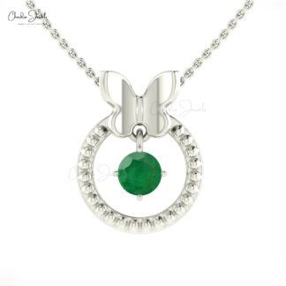 Dangling Stone Butterfly Pendant Genuine Emerald Gemstone 14k Solid Gold Milgrain Pendant