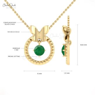 Dangling Stone Butterfly Pendant Genuine Emerald Gemstone 14k Solid Gold Milgrain Pendant