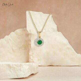 Women’s Halo Pendant With Round Emerald & White Diamond 14k Solid Gold Birthstone Pendant