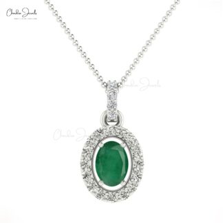 Oval Shaped Emerald Pendant With Diamond Halo 14k Real Gold Necklace