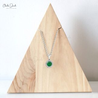 Natural Emerald May Birthstone Pendant With Halo Diamond 14k Pure Gold Handmade Necklace