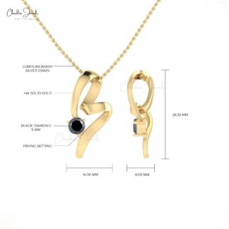 Curved Solitaire Pendant With 5mm Round Black Diamond Twisted Minimalist Necklace