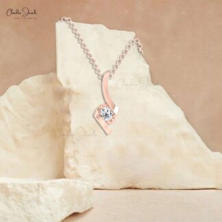 Single Stone Twisted Pendant In 14k Real Gold G-H Diamond 4mm Round Solitaire Necklace