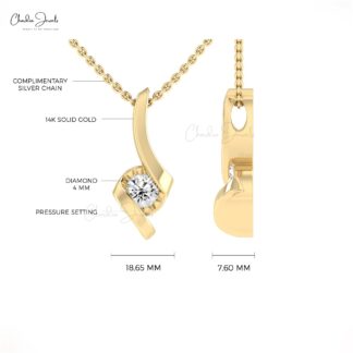 Single Stone Twisted Pendant In 14k Real Gold G-H Diamond 4mm Round Solitaire Necklace