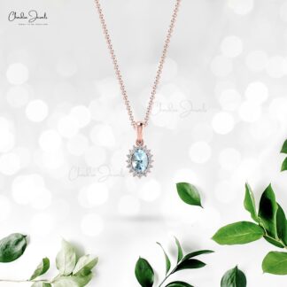 Dainty Diamond Halo Pendant With 6x4mm Aquamarine 14k Real Gold Dangle Necklace