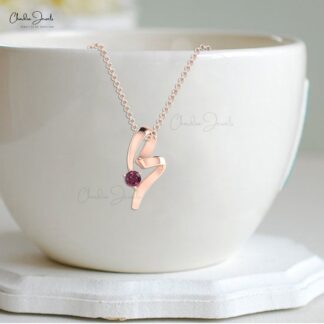 Twisted Single Stone Pendant With 5mm Rhodolite Garnet Curved Necklace In 14k Real Gold
