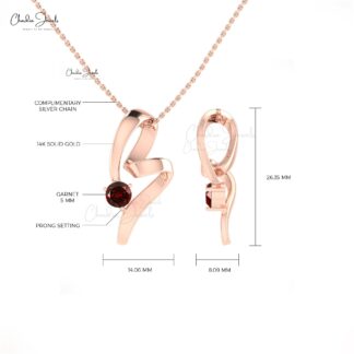 Genuine Red Garnet Solitaire Pendant In Pure 14k Gold Gemstone Curved Unique Jewelry