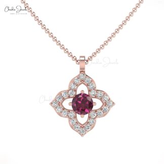 Real 14k Gold Floral Pendant with 3mm Rhodolite Garnet And G-H Diamond Necklace For Her