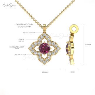 Real 14k Gold Floral Pendant with 3mm Rhodolite Garnet And G-H Diamond Necklace For Her