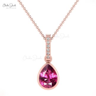 Tear Drop Dangle Earring in 14k Solid Gold Rhodolite Garnet And G-H Diamond Bar Earrings