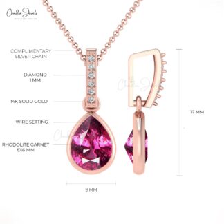 Tear Drop Dangle Earring in 14k Solid Gold Rhodolite Garnet And G-H Diamond Bar Earrings