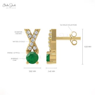 Authentic Green Emerald Criss Cross Studs 14k Real Gold Diamond Dainty Earrings