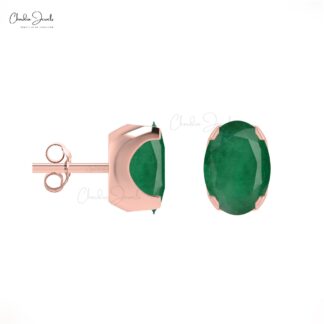 Solitaire Stud Earrings With Emerald Gemstone 14k Solid Gold Minimalist Earrings For Gift