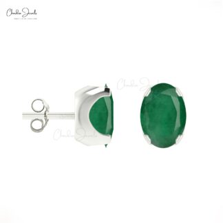 Solitaire Stud Earrings With Emerald Gemstone 14k Solid Gold Minimalist Earrings For Gift