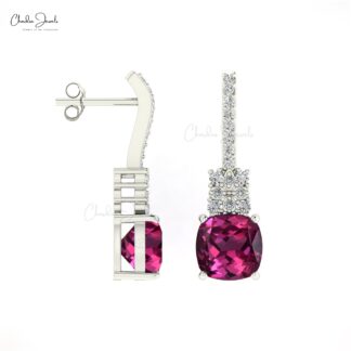 Cushion Cut Wedding Earrings With 6mm Rhodolite Garnet & Diamond Studs In 14k Real Gold