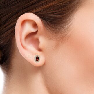 Minimalist 14K Gold Garnet & Round Diamond Halo Earrings