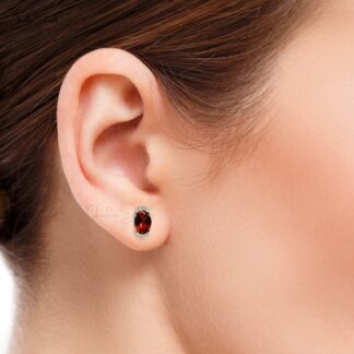 Natural Garnet Gemstone 14K Solid Gold White Diamond Half Halo Stud Earrings