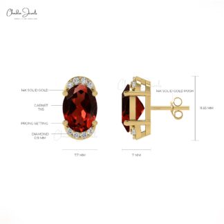 Natural Garnet Gemstone 14K Solid Gold White Diamond Half Halo Stud Earrings