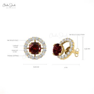 Genuine Round Brilliant Cut Garnet And Diamond Halo Detachable Earrings In 14K Gold