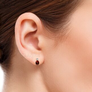 Delicate 2 Stone Earrings With 1.9 Ct Red Garnet Gemstone And Diamond 14k Pure Gold Studs